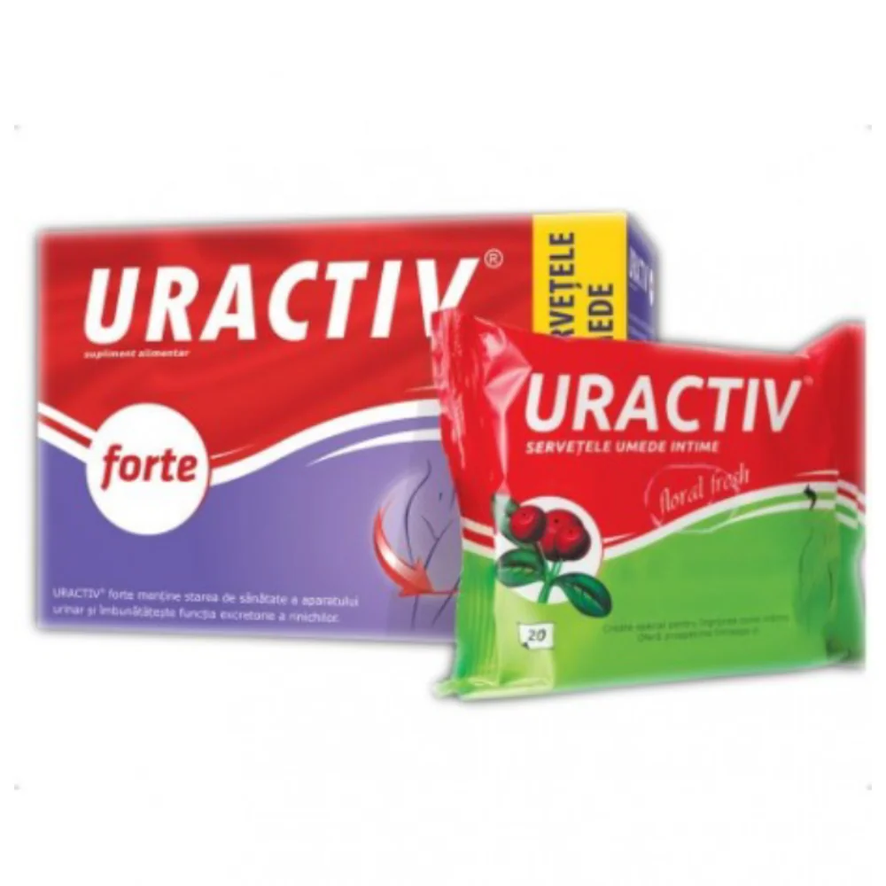 Uractiv Forte + servetele umede intime, 10 capsule + 20 bucati, Uractiv