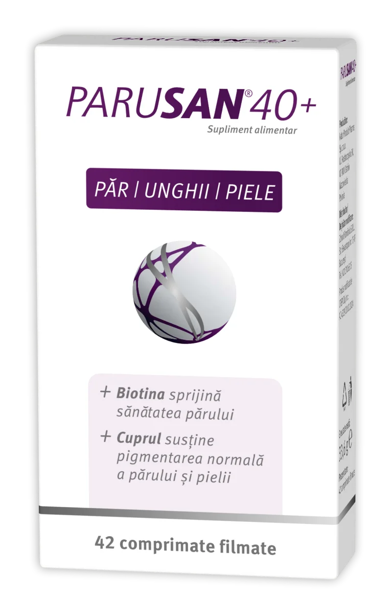 Supliment alimentar pentru par, unghii si piele 40+, 42 comprimate filmate, Parusan