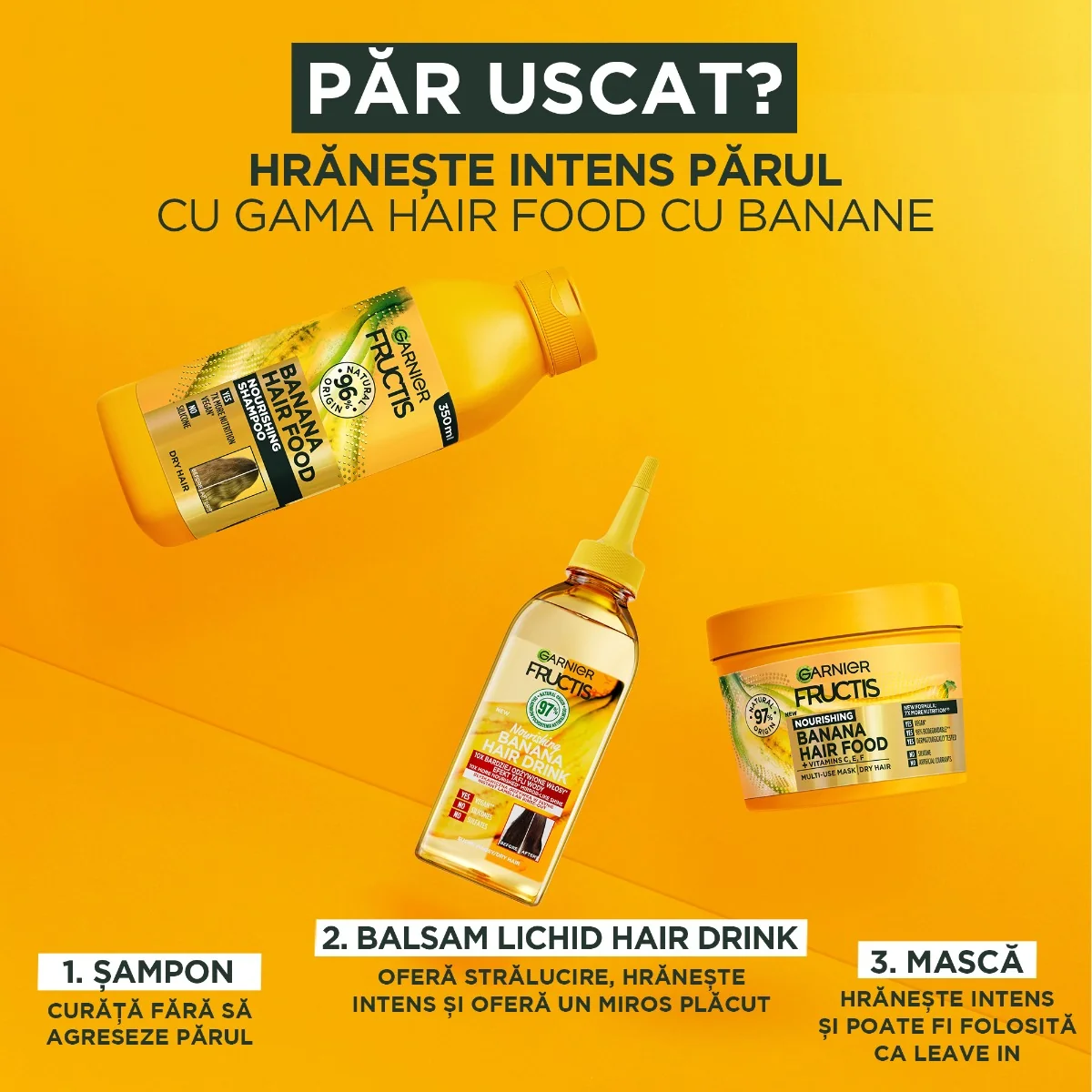 Sampon pentru parul uscat Hair Food Banana, 350ml, Fructis 