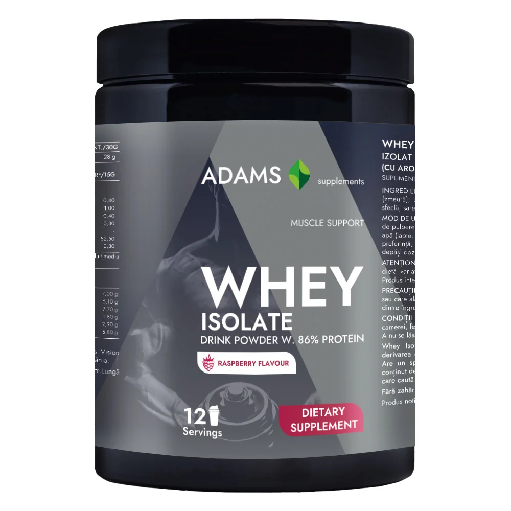 Pudra proteica cu aroma de zmeura Whey Isolate Protein, 360g, Adams Vision