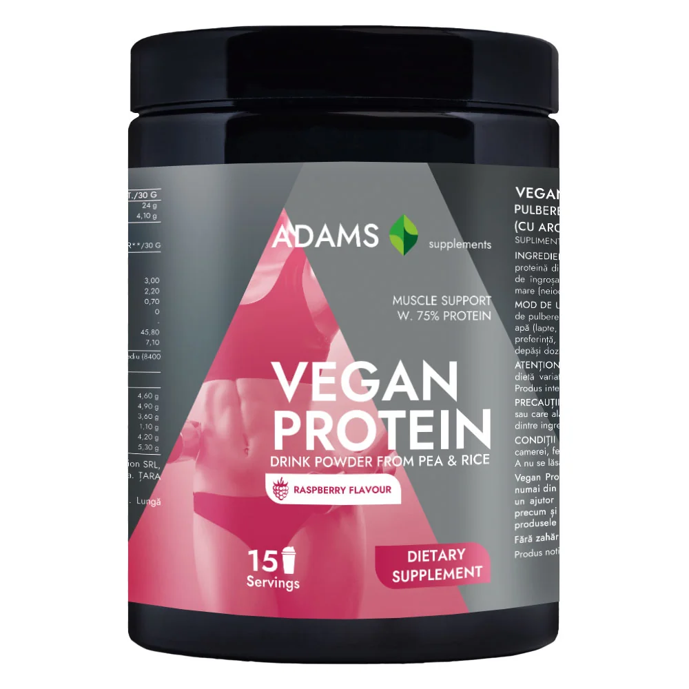 Vegan Protein cu aroma de zmeura, 454g, Adams Vision