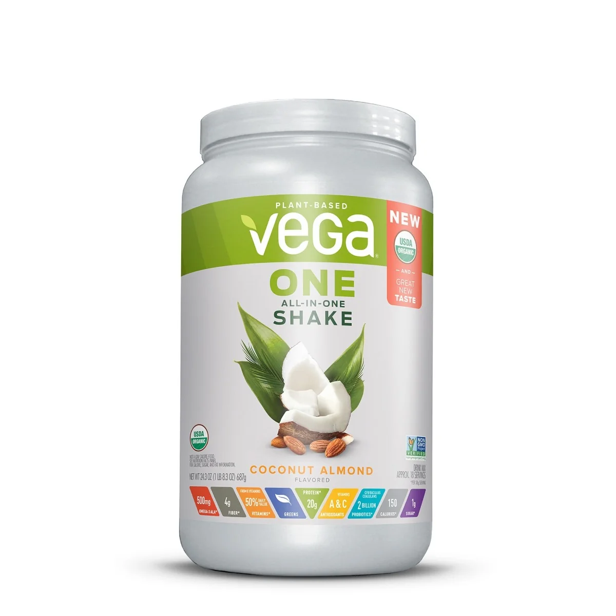 Proteina vegetala cu aroma de cocos si migdale One All-In-One Nutritional Shake, 687g, Vega