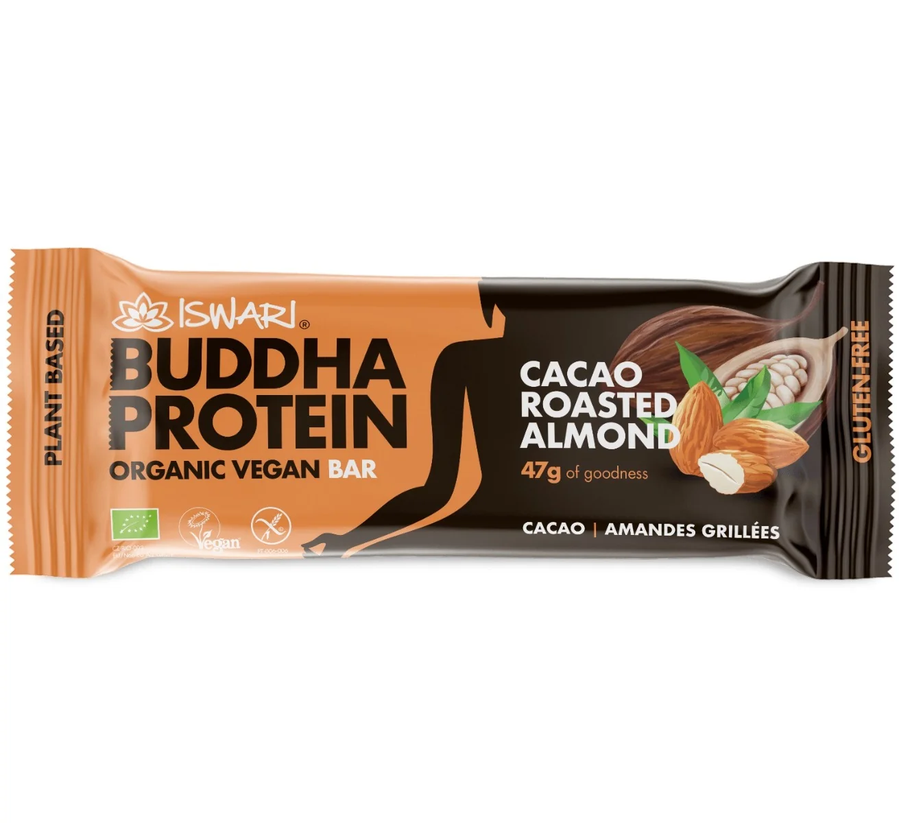 Baton proteic bio cu migdale prajite si cacao Buddha, 47g, Iswari