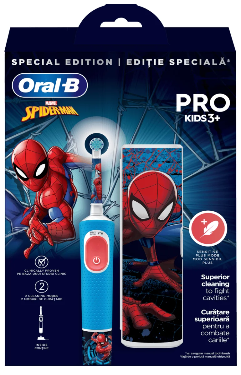 Set Periuta de dinti electrica Pro Kids cu 2 moduri de periaj + Trusa de voiaj Spider Man +3 ani, Oral-B