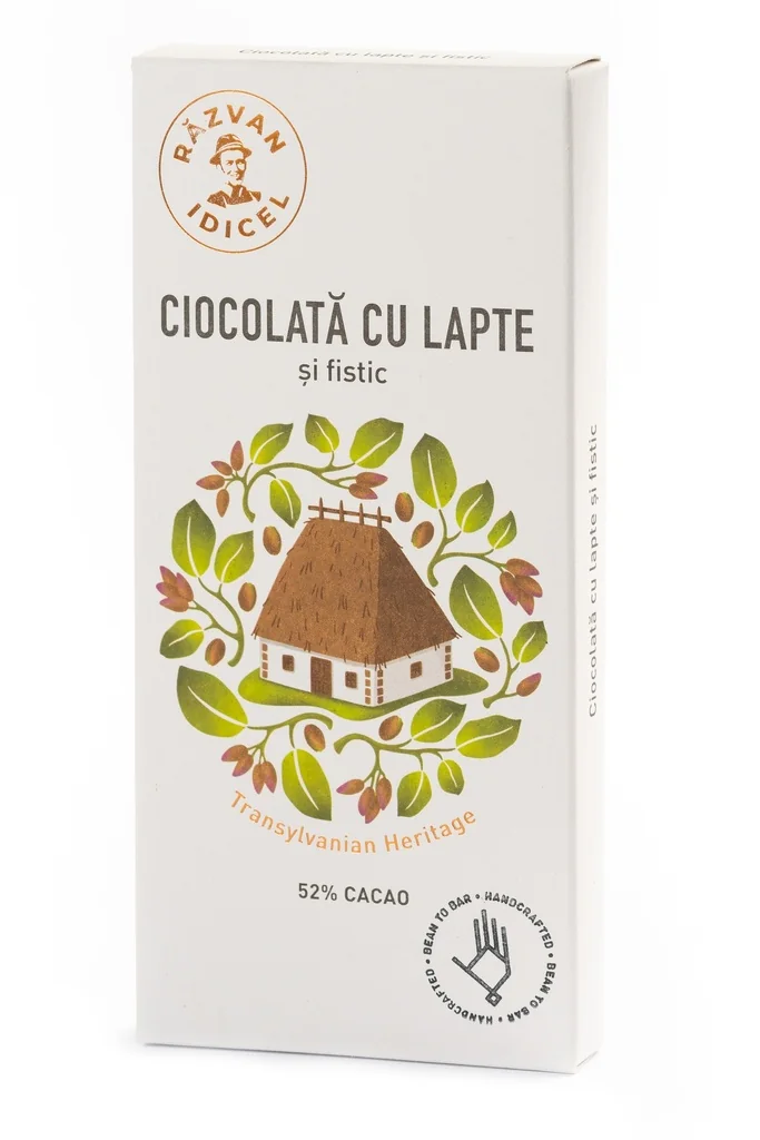 Ciocolata 54% cacao cu lapte si fistic, 80g, Razvan Idicel