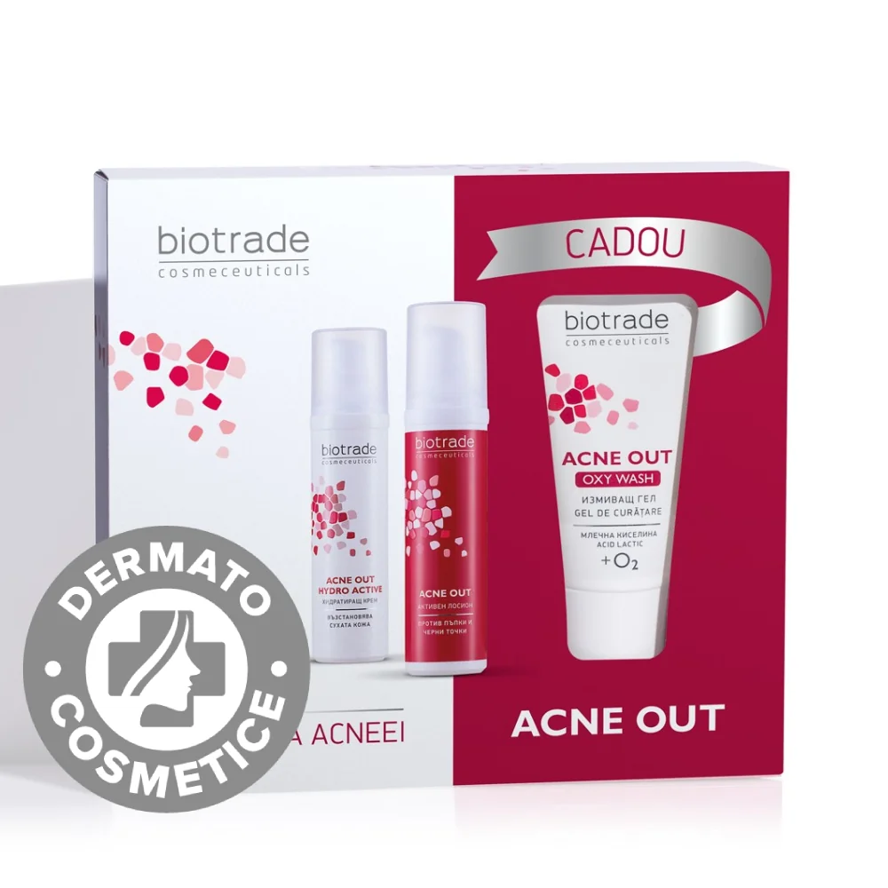 Pachet Acne Out Crema hidratanta pentru acnee Hydro Active, 60 ml + Lotiune pentru acnee, 60 ml + Gel de curatare, 50 ml Gratuit, Biotrade 