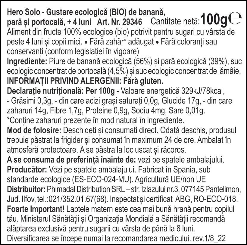 Gustare eco din banane, pere si portocale Solo pentru +4 luni, 100g, Hero Baby 