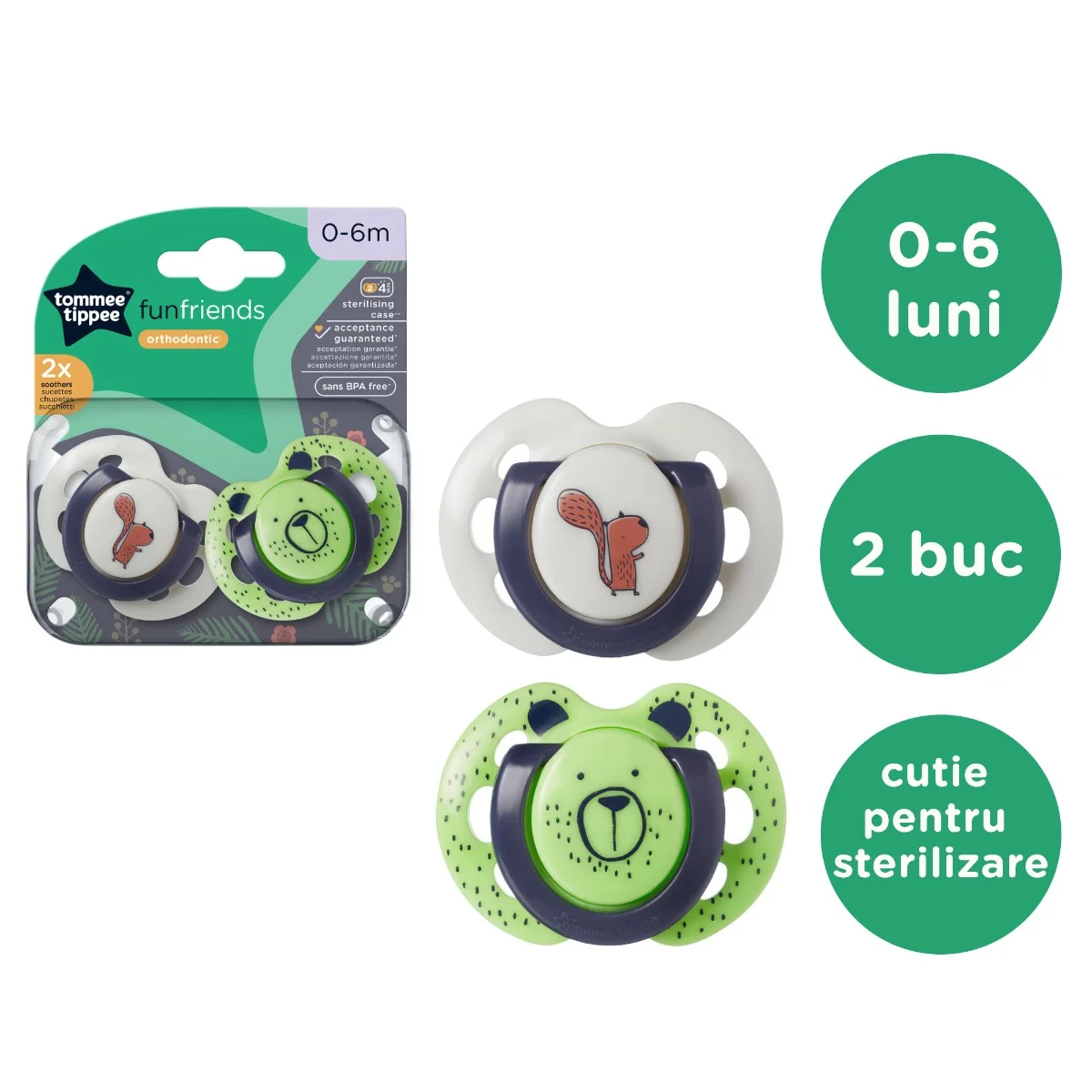 Suzeta ortodontica pentru 0-6 luni Fun Verde/Alb, 2 bucati, Tommee Tippee 