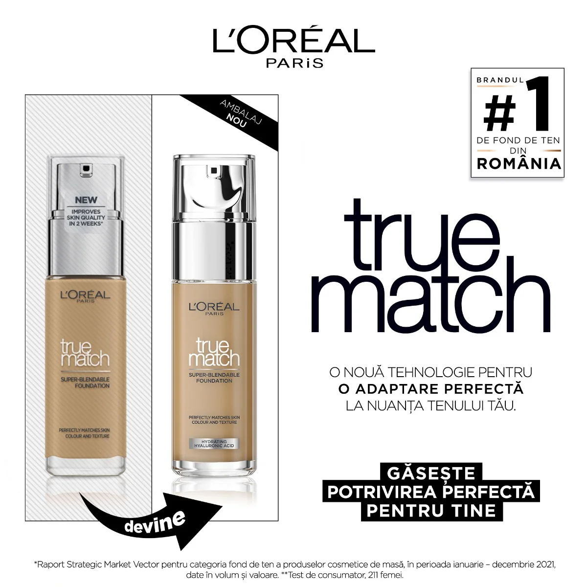 Fond de ten infuzat cu acid hialuronic True Match 7DW Golden Amber, 30ml, L'Oreal Paris 