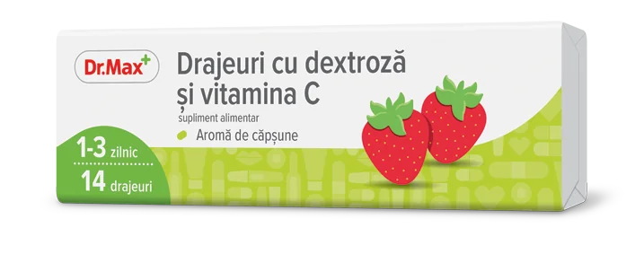 Dr. Max Drajeuri cu dextroza si vitamina C cu aroma de capsune, 14 drajeuri