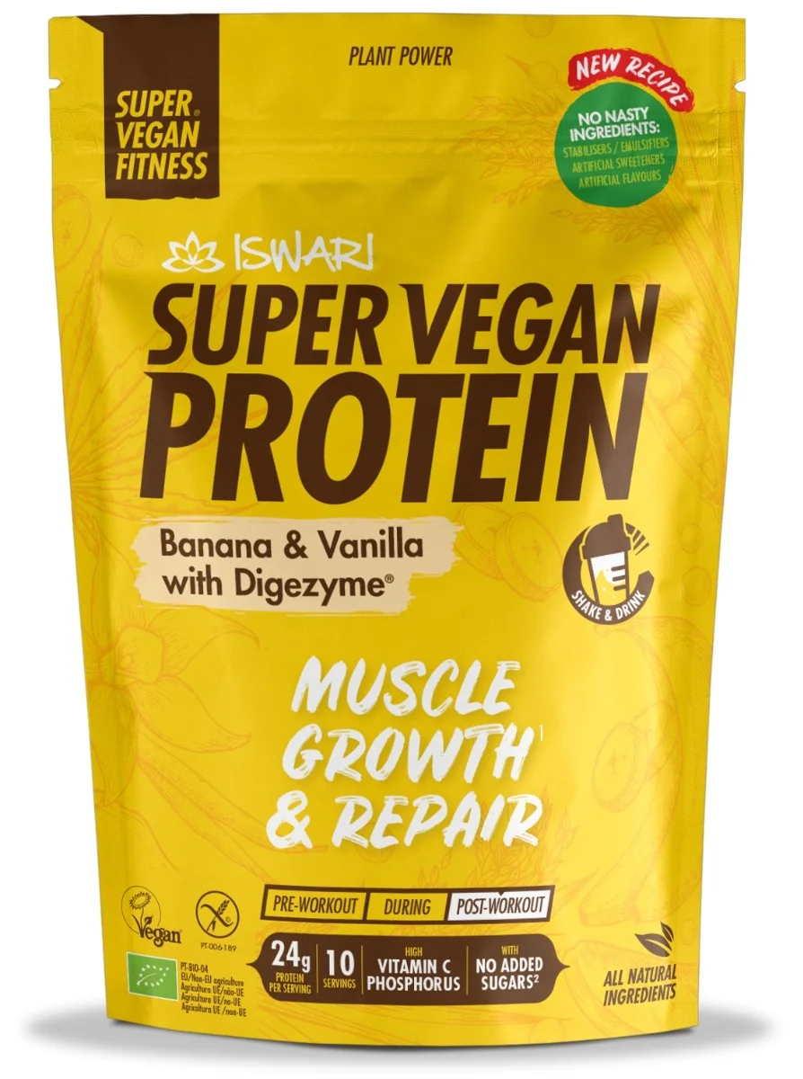 Proteina Super Vegan bio banane si vanilie cu DigeZyme, 400g, Iswari 