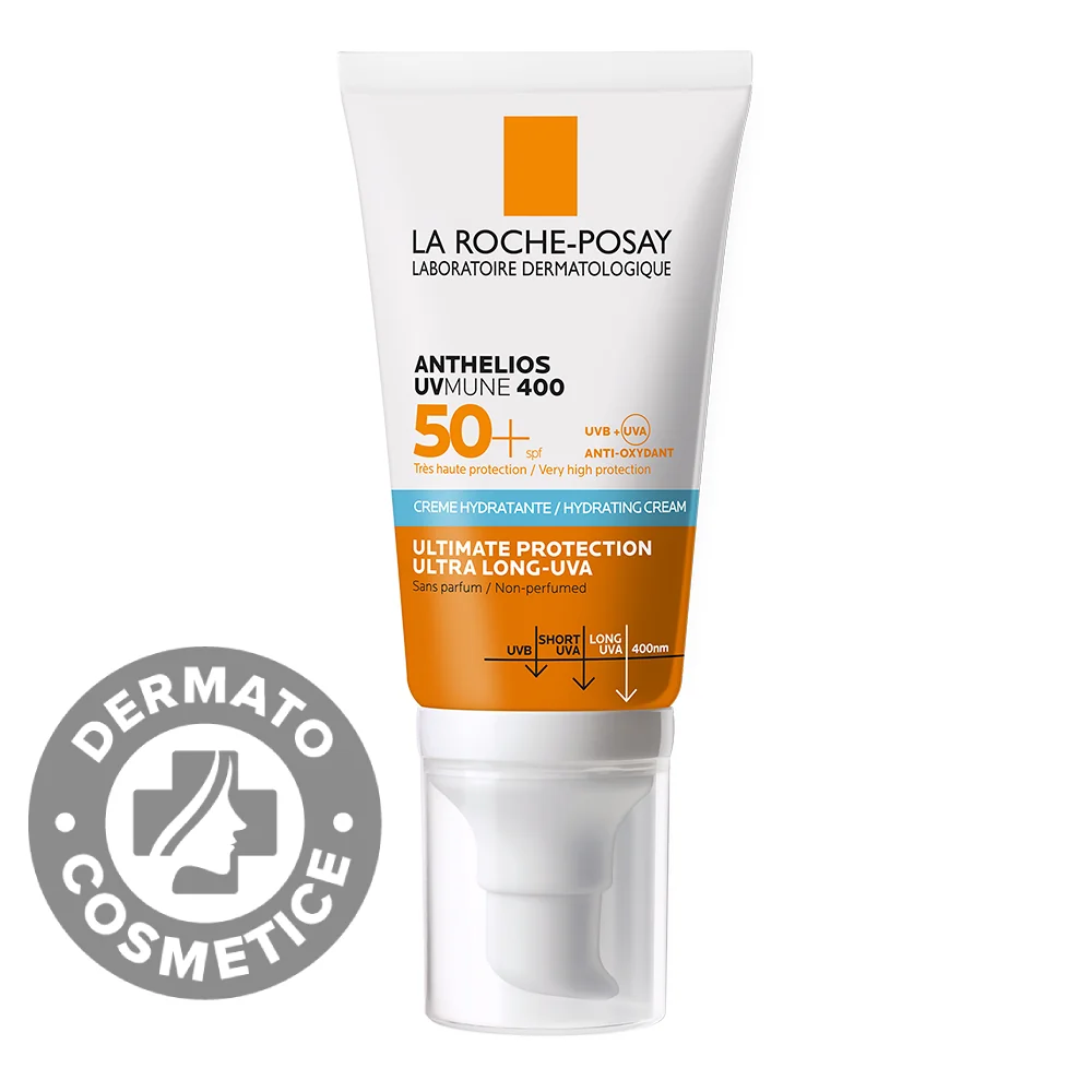 Crema hidratanta cu protectie solara SPF 50+ pentru ten sensibil sau intolerant la soare fara parfum Anthelios UV-Mune 400, 50ml, La Roche-Posay