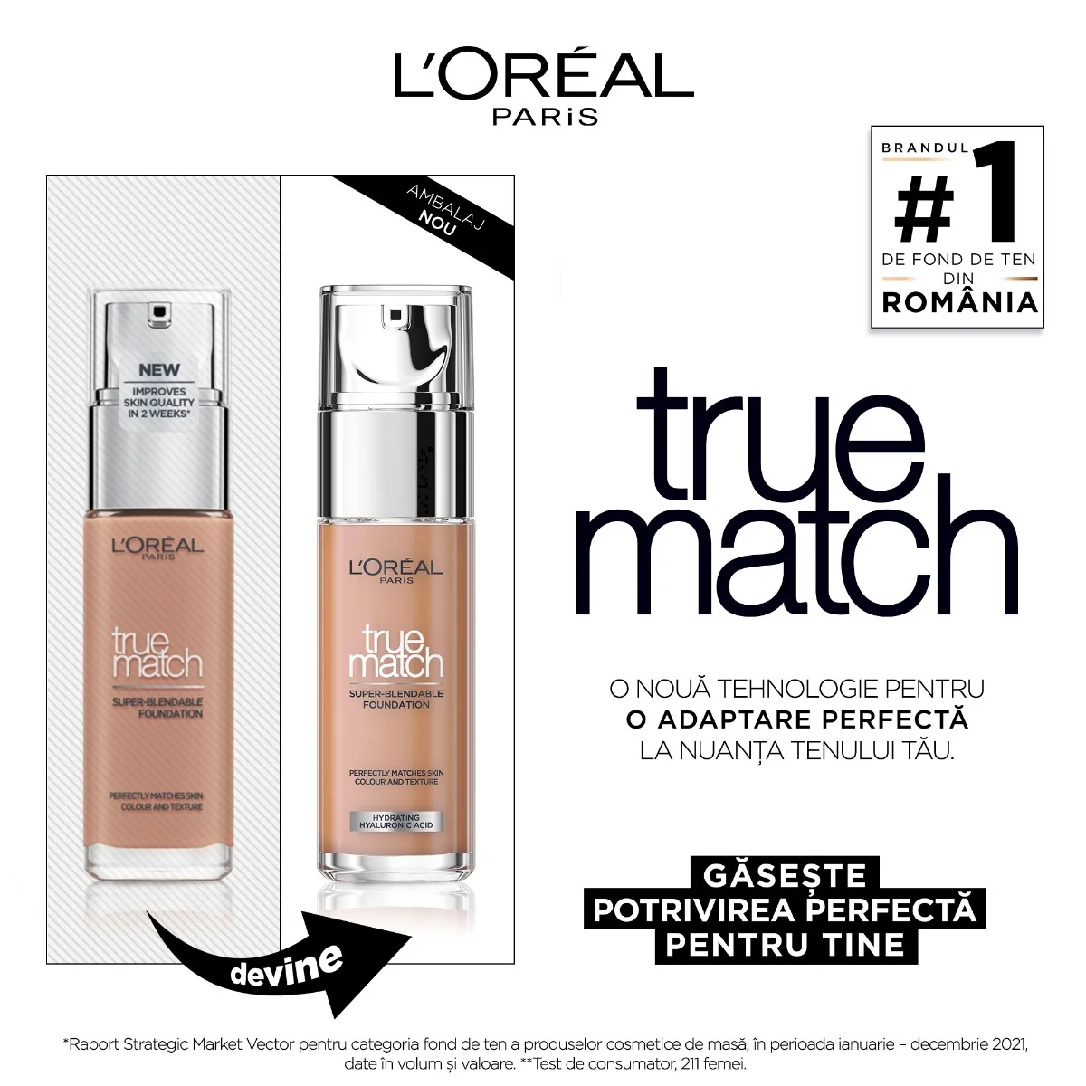 Fond de ten infuzat cu acid hialuronic True Match 2R2C Rose Vanilla, 30ml, L'Oreal Paris 