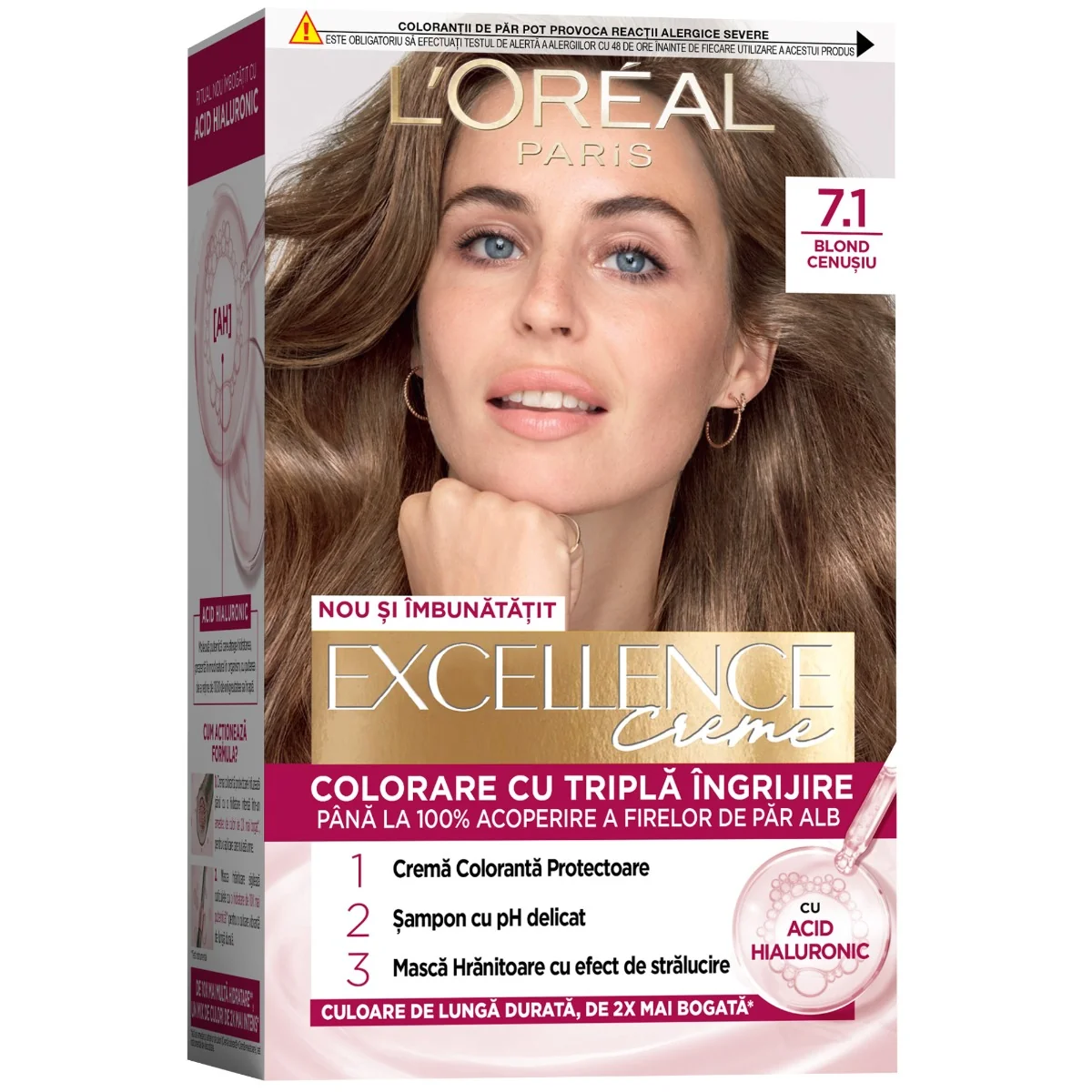 Vopsea de par permanenta Excellence Creme 7.1 Blond Cenusiu, 192ml, L'Oreal Paris 