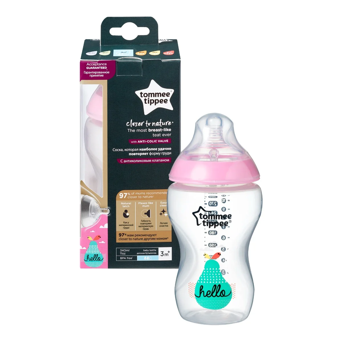 Biberon decorat PP Closer to Nature Roz +3 luni, 340ml, Tommee Tippee