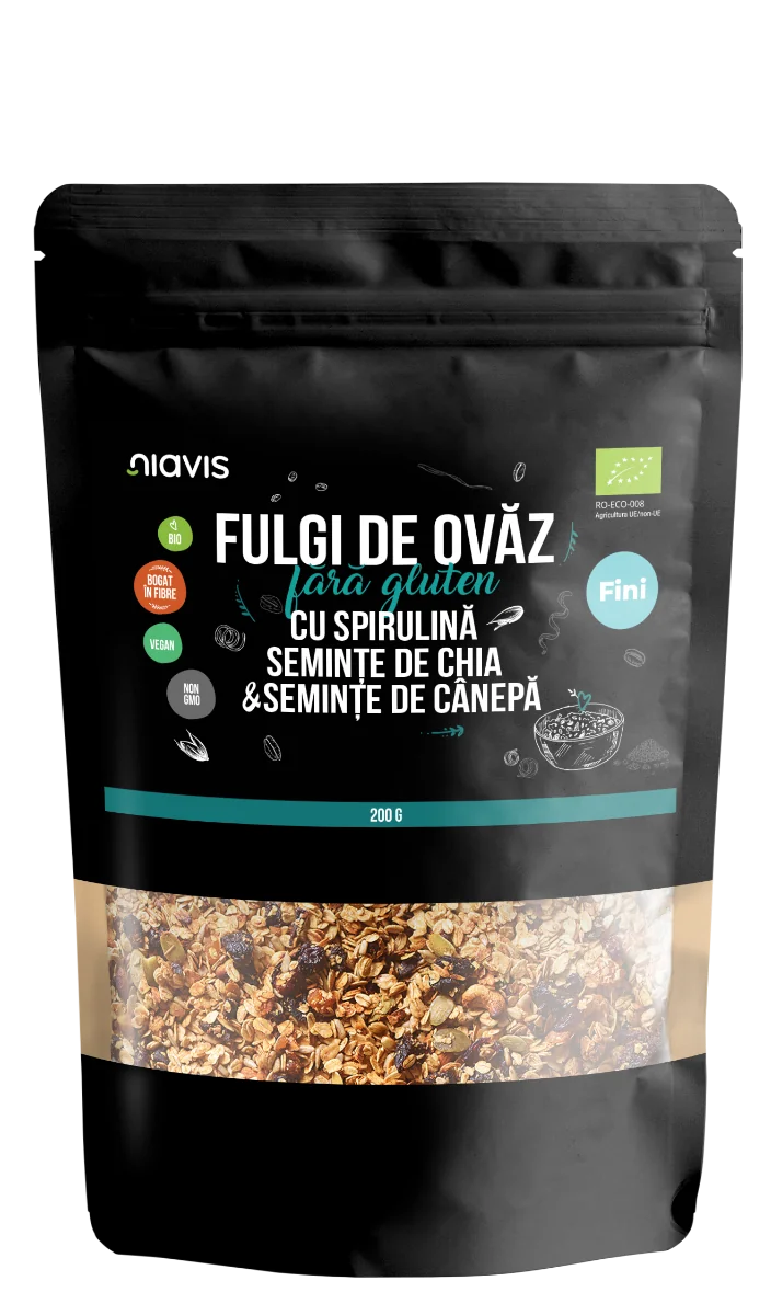 Fulgi de ovaz fini fara gluten cu spirulina, chia si seminte de canepa Eco, 200g, Niavis