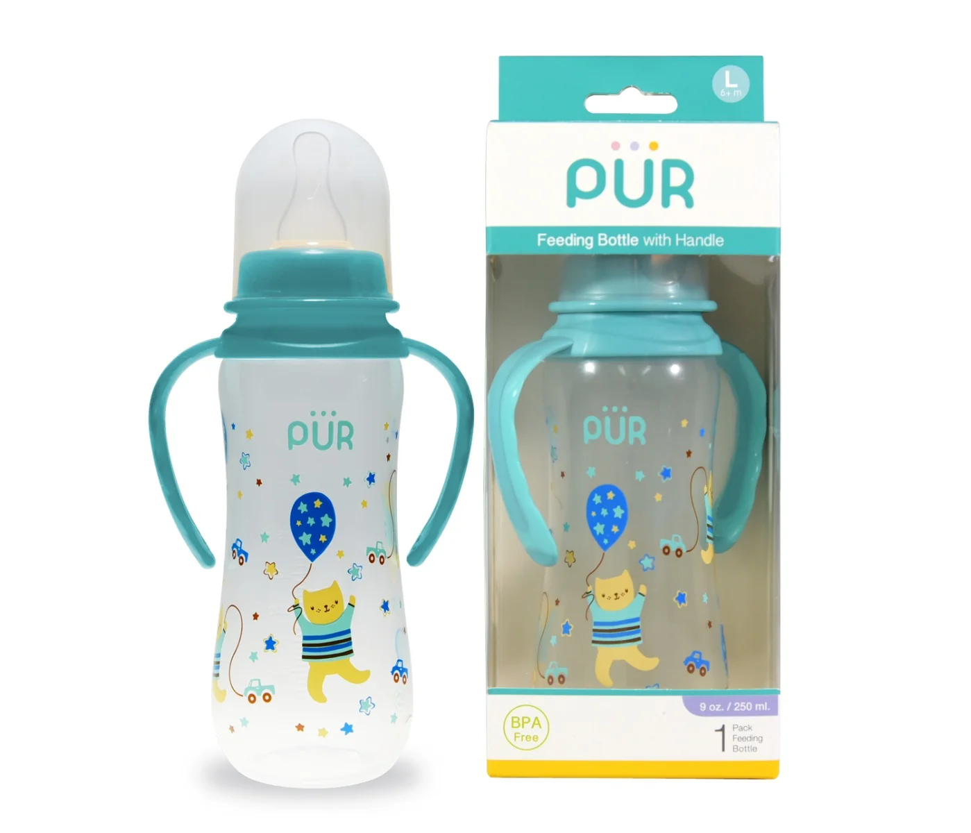 Biberon cu desen si manere verde +6 luni, 250ml, PUR 