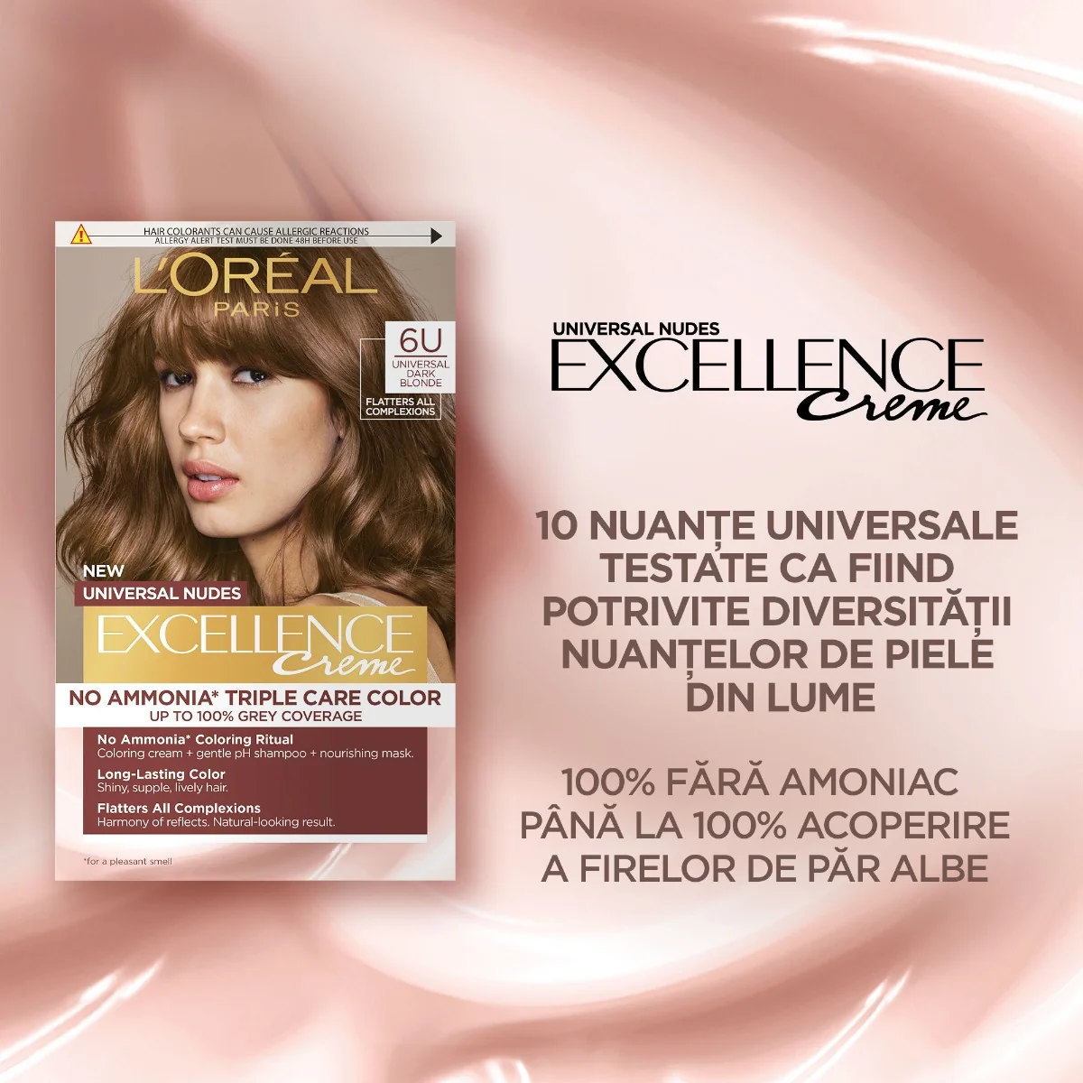 Vopsea de par permanenta fara amoniac Excellence Universal Nudes 6U Dark Blonde, 192ml, L'Oreal Paris 