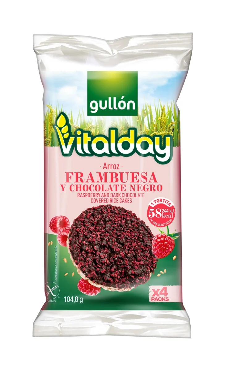 Orez expandat fara gluten cu ciocolata neagra si zmeura Vitalday, 104.8g, Gullon