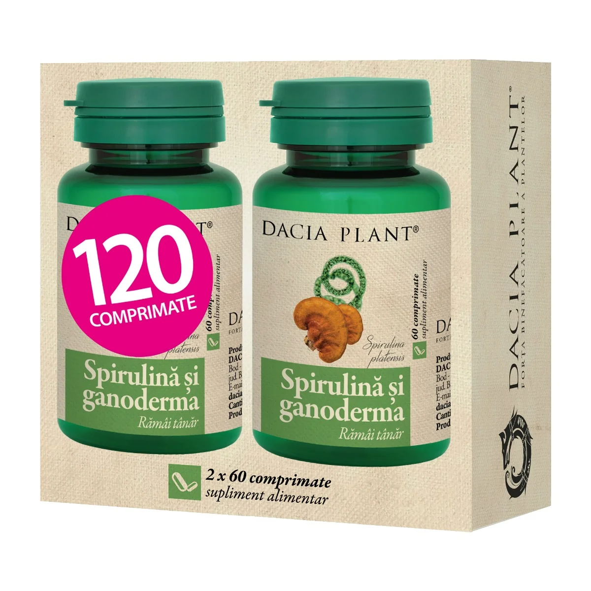 Pachet Spirulina si Ganoderma, 120 comprimate, Dacia Plant