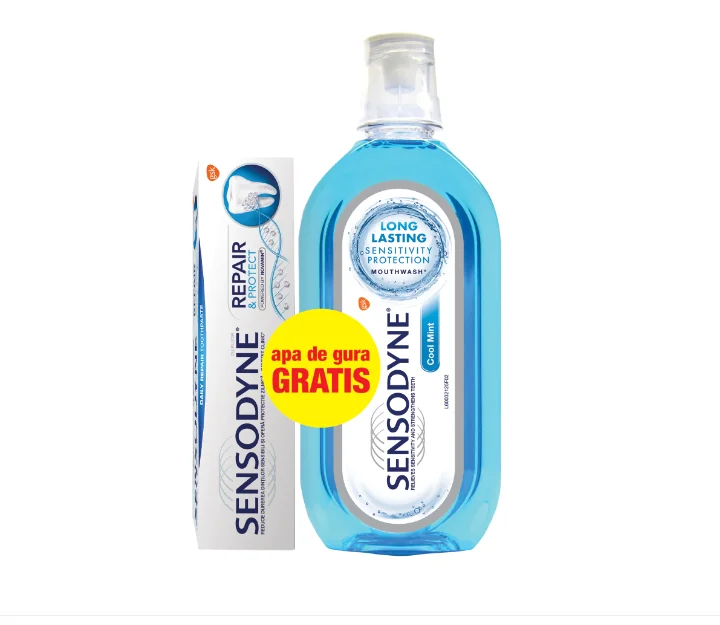 Pachet Pasta de dinti Repair and Protect, 75ml, + Apa de gura Cool Mint, 500ml Gratuit, Sensodyne