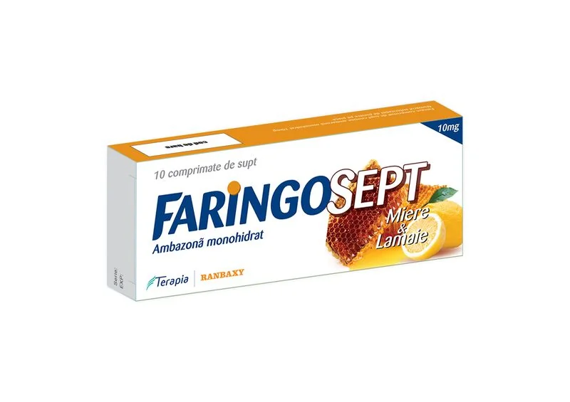 Faringosept cu aroma de miere si lamaie 10mg, 10 comprimate, Terapia