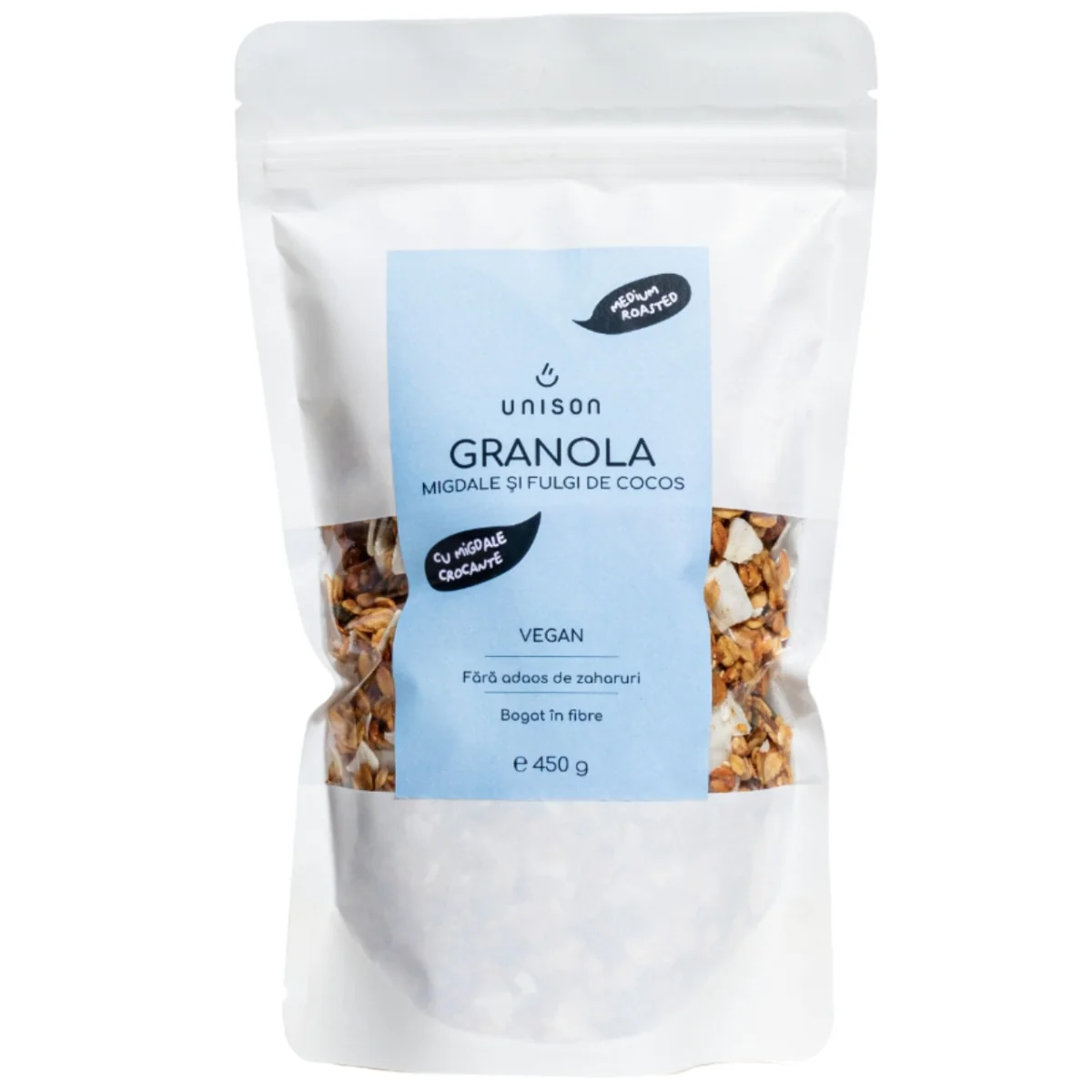 Granola cu migdale dulci si fulgi de cocos, 450g, Unison