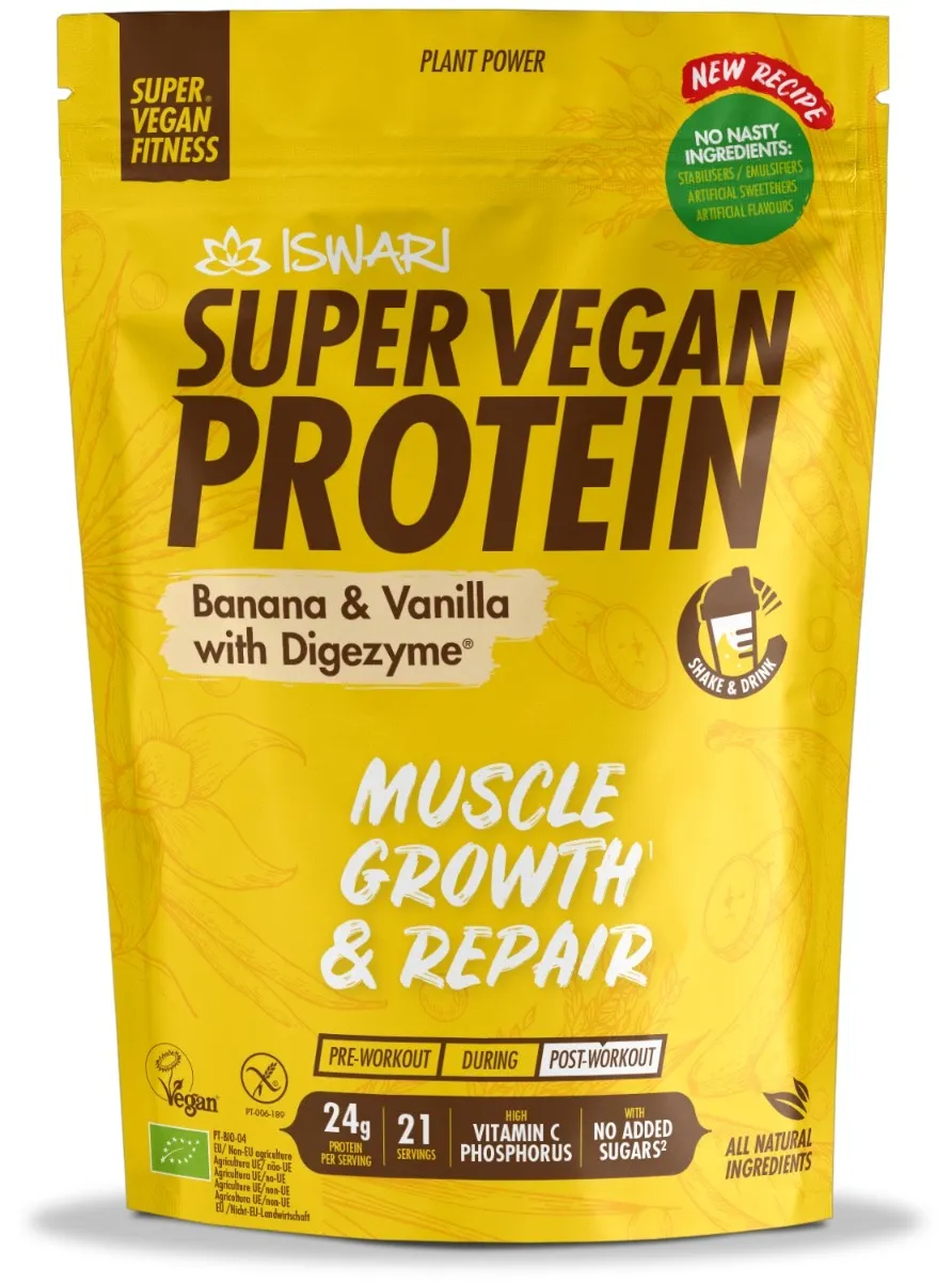 Proteina Super Vegan bio banane si vanilie cu DigeZyme, 875g, Iswari 