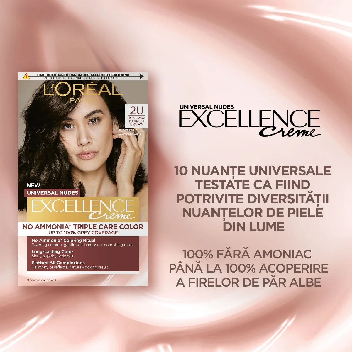 Vopsea de par permanenta fara amoniac Excellence Universal Nudes 2U Darkest Brown, 192ml, L'Oreal Paris 