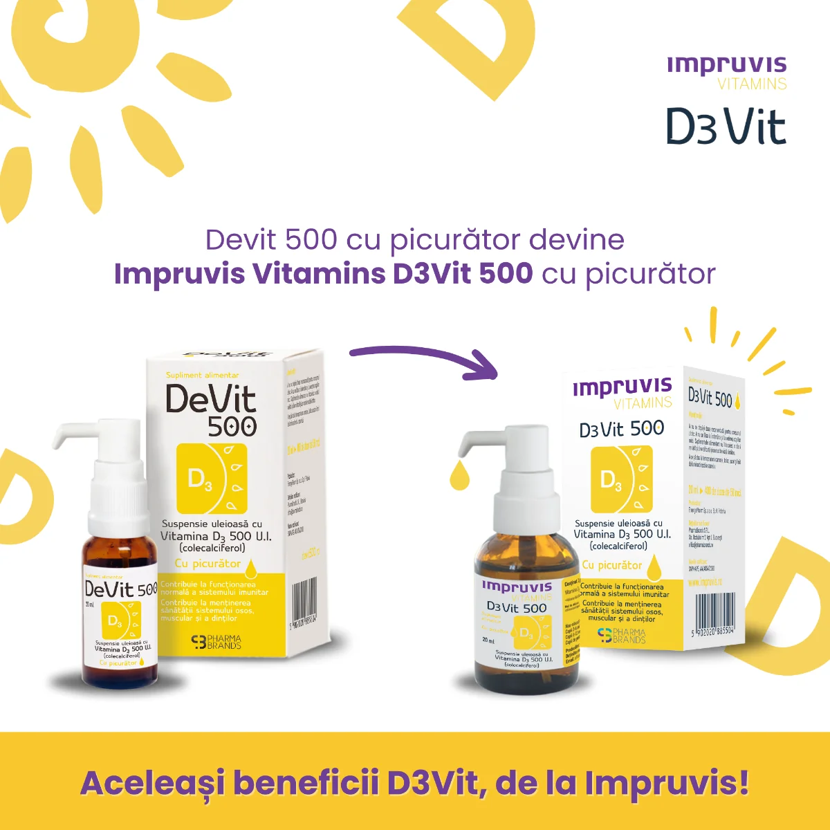 Suspensie uleioasa cu picurator Vitamina D3 DeVit 500, 20ml, Pharma Brands 