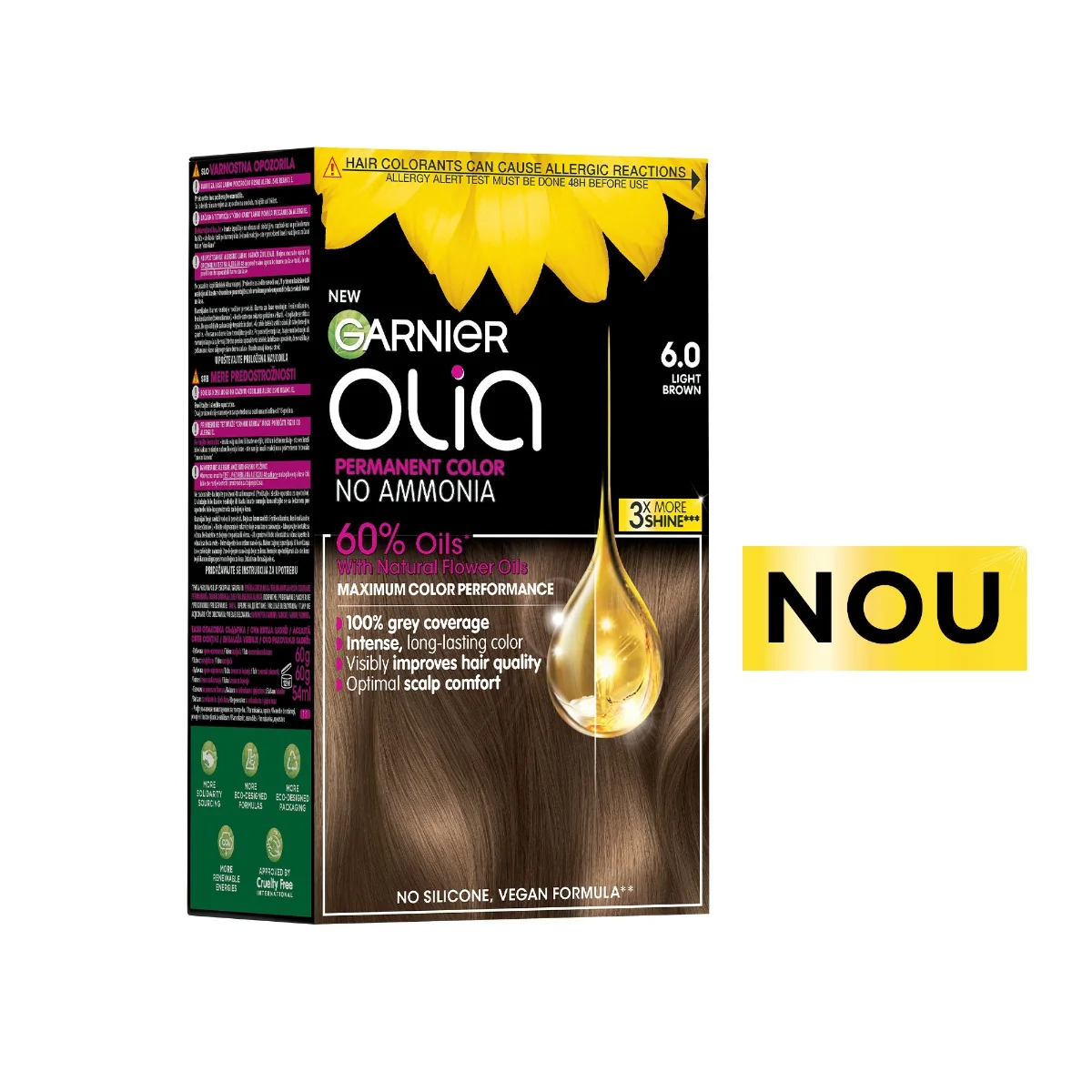 Vopsea de par permanenta fara amoniac 6.0 Light Brown Olia, 174ml, Garnier 