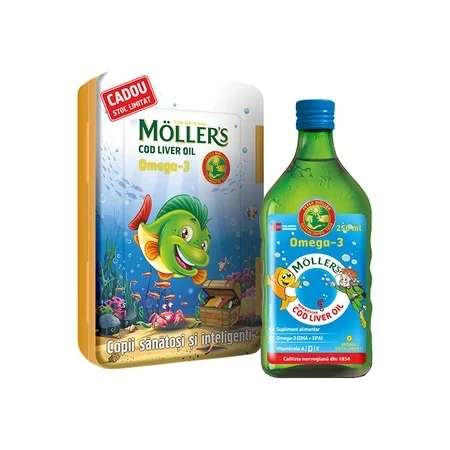 Pachet Ulei de ficat de cod Omega 3 cu aroma Tutti Frutti 250ml + Lunch Box Gratuit, Moller's