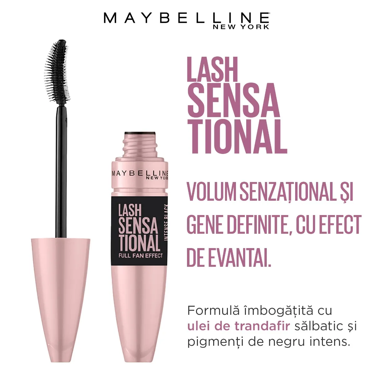 Mascara pentru volum si gene definite Lash Sensational Intense Black, 9.5ml, Maybelline 