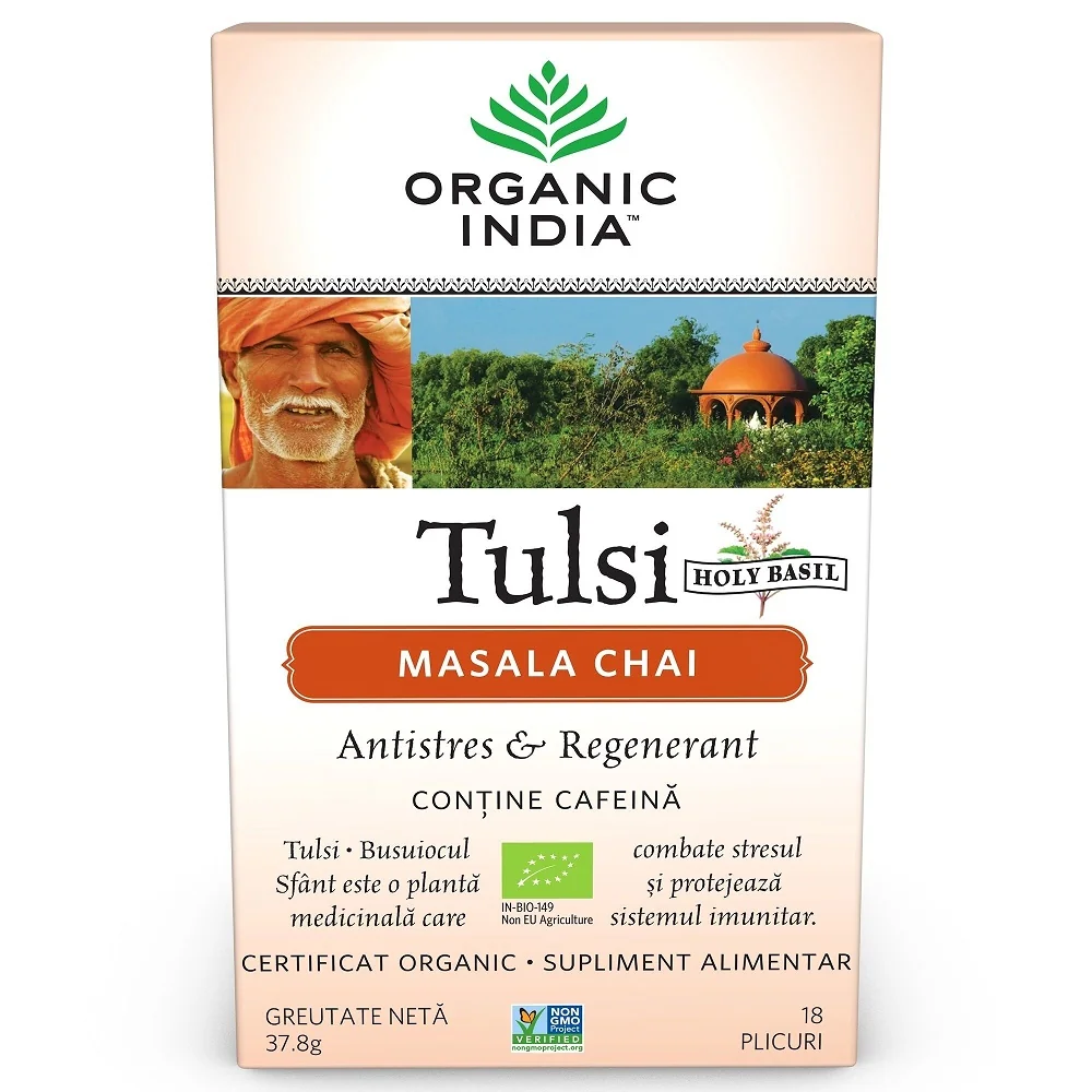 Tulsi Masala Chai Relaxant si Regenerant, 18 plicuri, Organic India