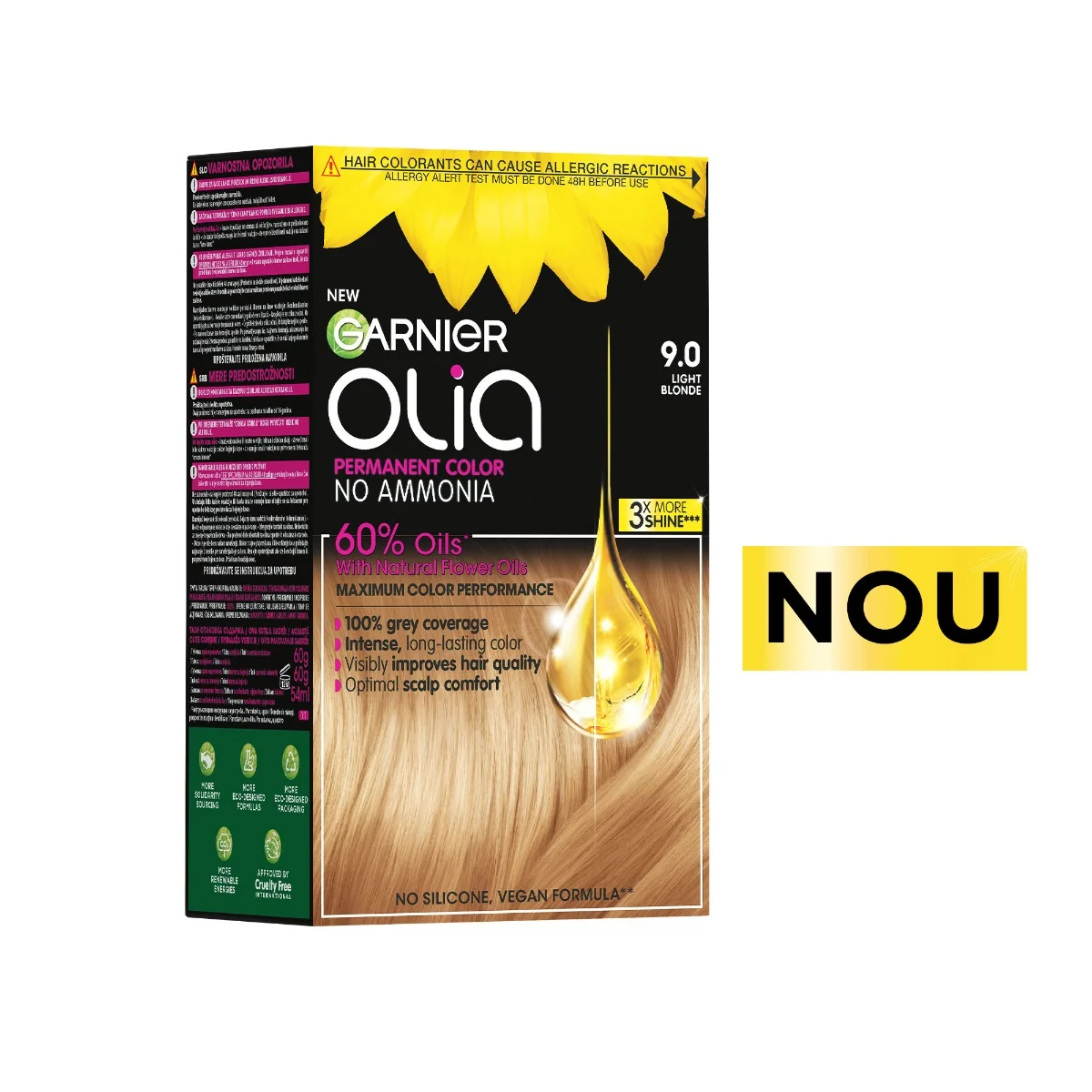 Vopsea de par permanenta fara amoniac Olia 9.0 Light Blonde, 174ml, Garnier 