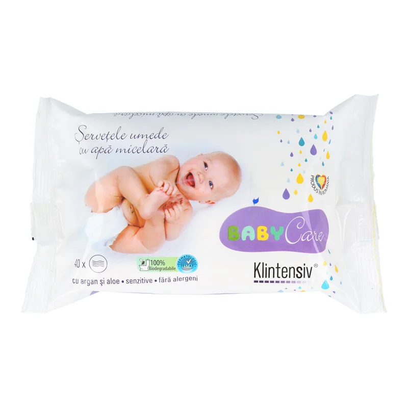 Servetele umede 100% biodegradabile cu apa micelara BabyCare, 40 bucati, Klintensiv