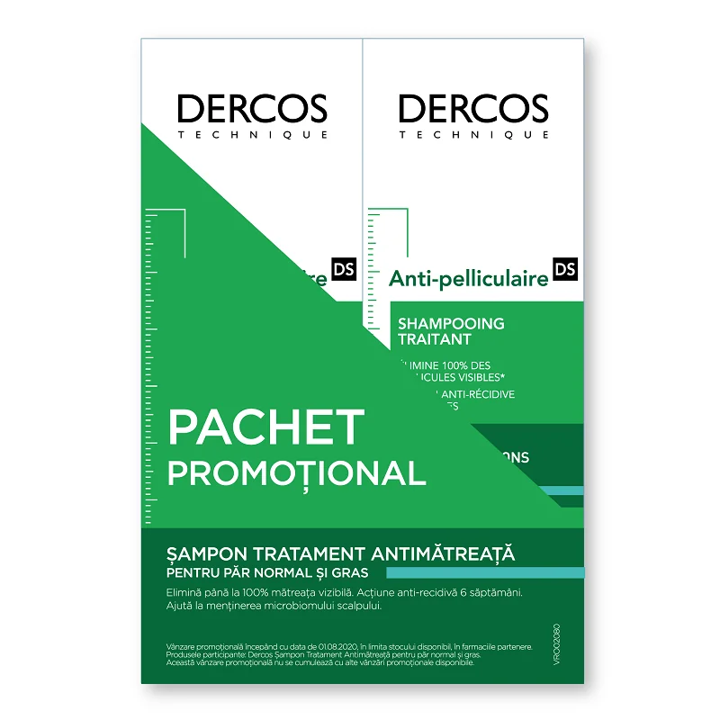 Pachet Sampon anti-matreata pentru scalp normal-gras Dercos 1 + 50% reducere la al doilea produs, 2 x 200ml, Vichy