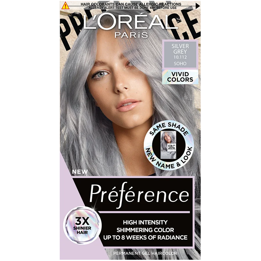 Vopsea de par permanenta cu amoniac Preference Vivid Colours 10.112 Silver Grey, 204ml, L'Oreal Paris 