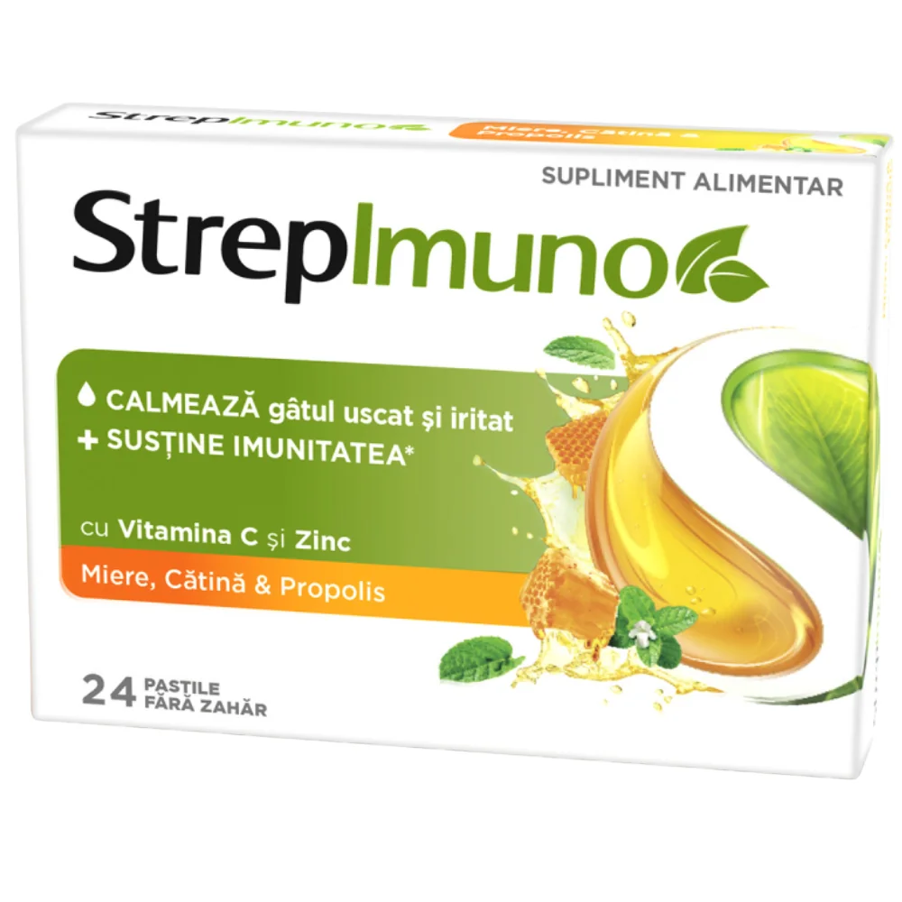 Supliment alimentar cu propolis, catina si miere fara zahar, 24 comprimate de supt, Strepimuno 