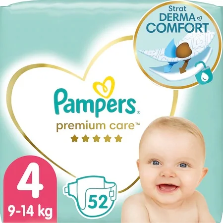 Scutece Premium Care Nr.4 pentru 9-14kg, 52 bucati, Pampers