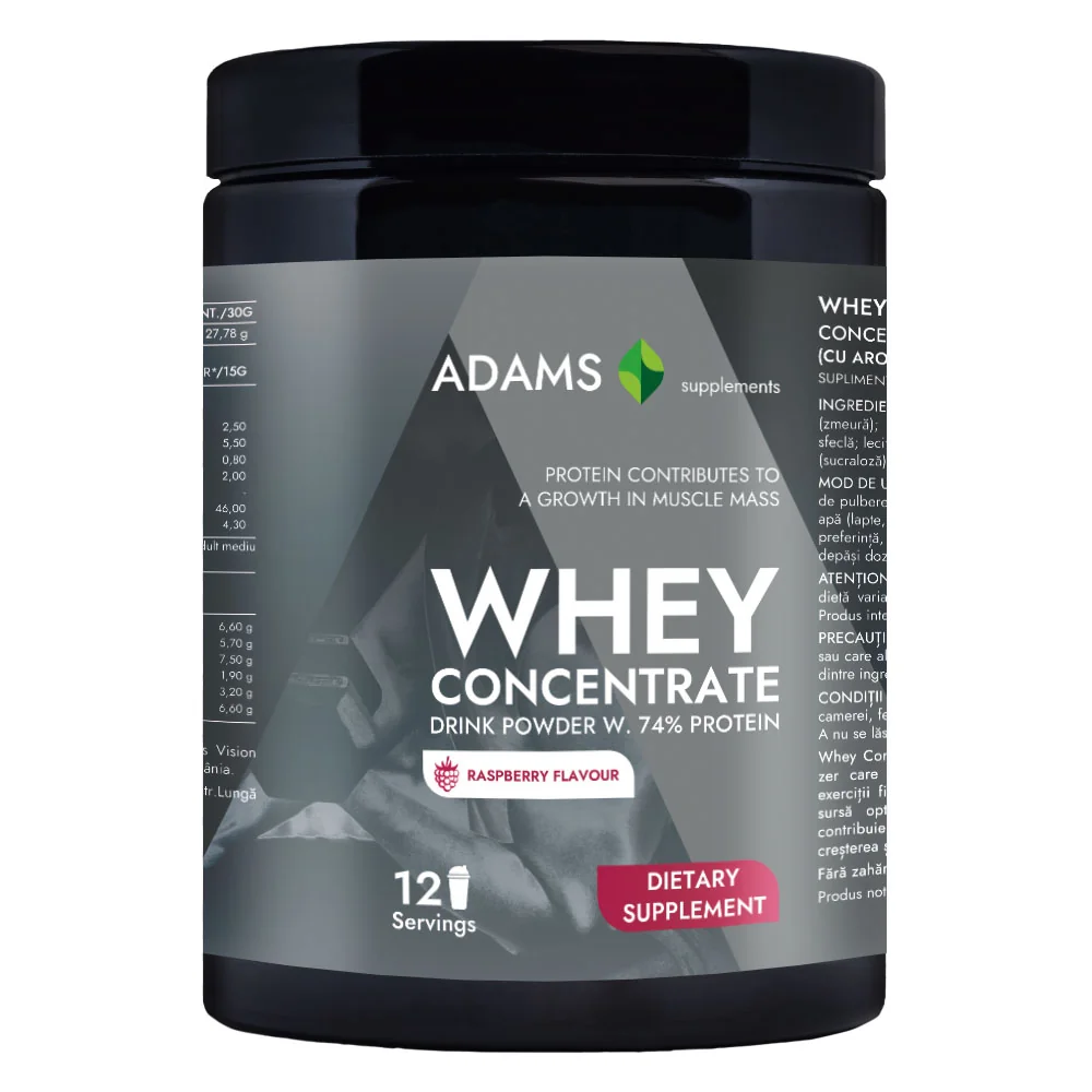 Pudra proteica cu aroma de zmeura Whey Concentrate Protein, 360g, Adams Vision